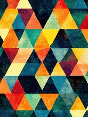 Poster - Mosaic inspired pattern of colorful triangles featuring vibrant hues and geometric shapes. Generative AI