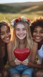 © Zkidstock - Smiling friends with a heart decoration in a sunny outdoor setting