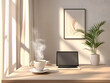 © Vicky - clean minimalistic home office desk modern laptop coffee cozy professional productivity comfort creativity efficiency Working culture chill happy enjoy workplace work life balance