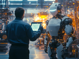 Canvas Print - humanoid robot human engineer high-tech industry factory production line industrial machinery collab