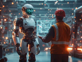 Canvas Print - humanoid robot human engineer high-tech industry factory production line industrial machinery collab