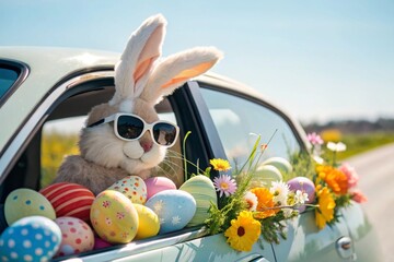 Cute Easter Bunny with sunglasses looking out of a car filed with easter eggs, celebration vintage funny colourful holiday basket retro gift decoration rabbit bunny symbol with flowers Generative AI