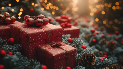 Wall Mural - festive red christmas gifts adorned with bows, surrounded by pine branches and ornaments, create war