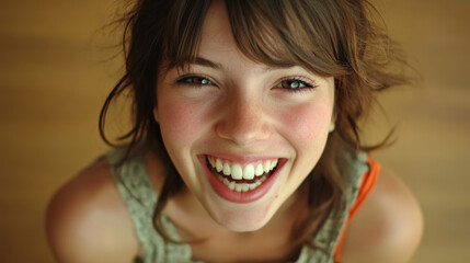 Wall Mural - Young woman smiling joyfully with brown hair and bright eyes, showcasing happiness and warmth in natural setting. Her cheerful expression radiates positivity