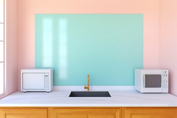 Wall Mural - Modern kitchen setup with a sink, two microwaves, and a colorful backsplash.