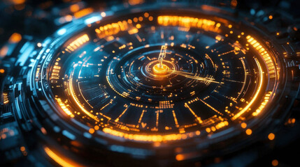 Wall Mural - futuristic clock design with glowing orange and blue elements, showcasing intricate details and high