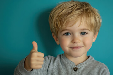 Wall Mural - happy 6 year old boy with blonde hair giving thumbs up against teal background, expressing joy and positivity