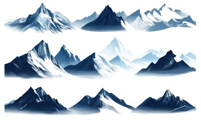 Wall Mural - Collection of stylized mountain range illustrations in various shades of blue.