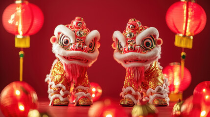 Traditional Chinese lion dance decorations with vibrant colors and lanterns create festive atmosphere. intricate details of lion figures enhance cultural celebration