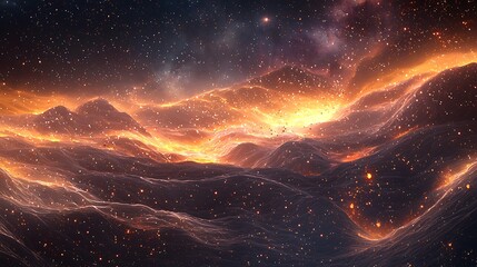 Wall Mural - a cosmic landscape of glowing energy waves and sparkling cosmic dust particles.