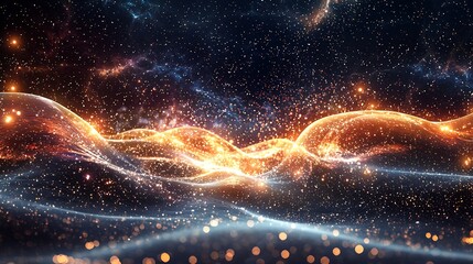 Wall Mural - a cosmic landscape of glowing energy waves and sparkling cosmic dust particles.