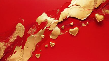 Wall Mural - A bright red background with abstract golden hearts floating near the center.