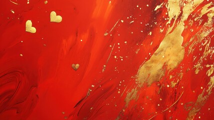 Wall Mural - A bright red background with abstract golden hearts floating near the center.
