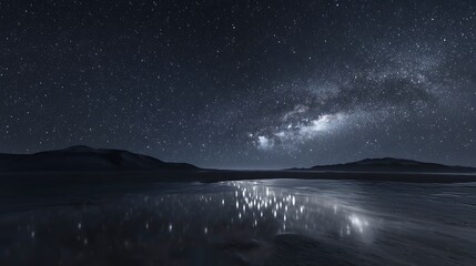 Wall Mural - A dark night sky where stars seem to stretch infinitely, with soft light reflecting below.