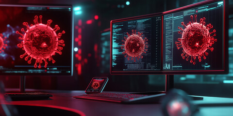 Poster - Scientists analyzing coronavirus data on computer screens in laboratory