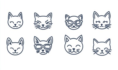 Naklejka na meble Eight cute cat head icons in minimalist line art style.