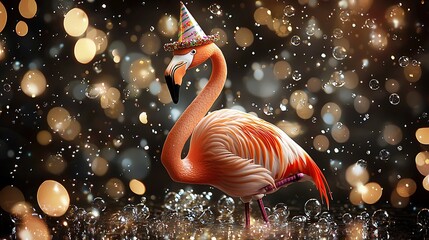 Wall Mural - A flamingo wearing a party hat standing in a pool of sparkling soda bubbles.