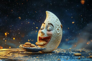 Wall Mural - A funny-shaped moon with a face eating cookies from a floating plate.