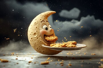 Wall Mural - A funny-shaped moon with a face eating cookies from a floating plate.