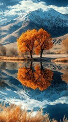 Poster - Golden Autumn Trees Reflected In Calm Mountain Lake