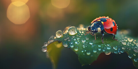 Poster - Ladybug walking on green leaf covered with dew drops at sunset