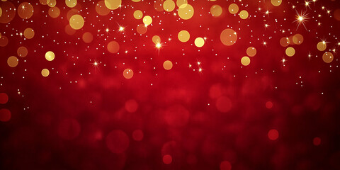 Poster - Golden bokeh and glitter falling on red christmas background