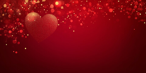 Poster - Golden heart shining on red background with sparkling glitter and bokeh lights