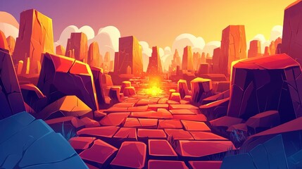 Wall Mural - A Stone Path Leading Through a Rocky Landscape Towards a Glowing Light