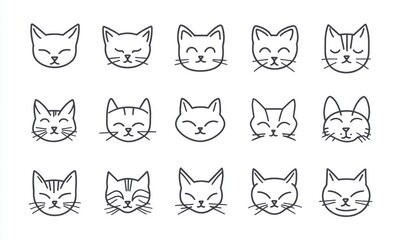 Naklejka na meble Fifteen cute cat head illustrations, line art style.
