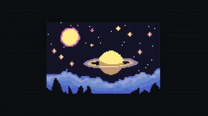 Wall Mural - A charming 8-bit pixel art of a glowing pixelated ringed planet, surrounded by tiny glowing moons, pixelated stars, and a swirling galactic backdrop in vibrant shades of purple and blue. 