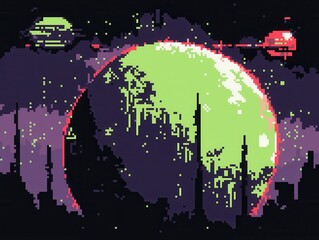 Wall Mural - An intricate 8-bit pixel art of a glowing pixelated alien planet covered in glowing forests and pixelated rivers, with orbiting pixelated satellites, sparkling stars, and a vibrant galactic 