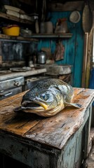 Wall Mural - Large Fish on Rustic Wooden Table in Old Kitchen