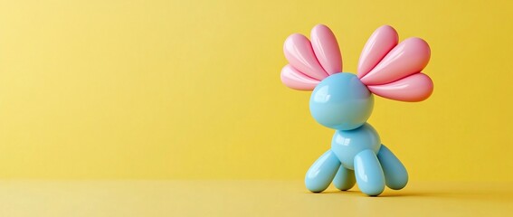 Poster - Cute pastel blue balloon animal with pink antlers on yellow background.