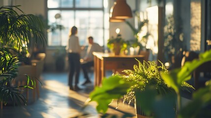 Aufkleber - Sunlit modern office with plants and blurred people working.