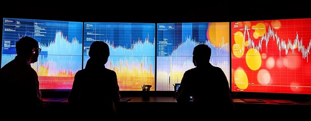 Poster - Silhouetted businesspeople analyzing data on large screens displaying graphs and charts.