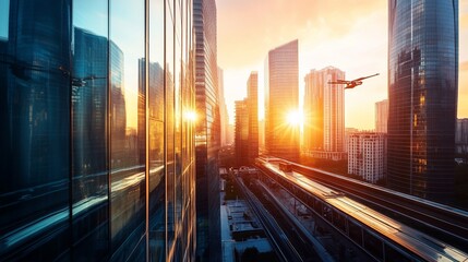 Aufkleber - Sunset cityscape with airplane flying over modern skyscrapers and city infrastructure.