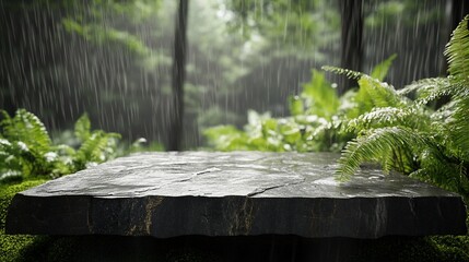 Poster - Wet stone table in rainy forest.