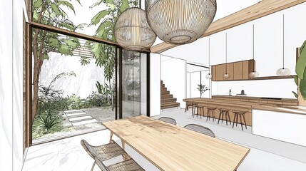 Poster - Modern minimalist house design sketch showing kitchen, dining area, and inner courtyard garden.