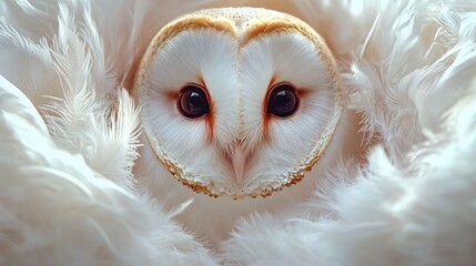 Wall Mural - A close-up of a barn owl surrounded by soft feathers, showcasing its striking features.