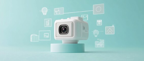 Fototapete - White cube camera on stand with digital icons.