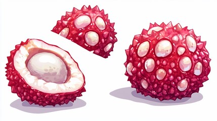 Sticker - Three illustrations of rambutan fruit; one whole, one halved, and one cut-away view, showcasing its spiky exterior and creamy interior.