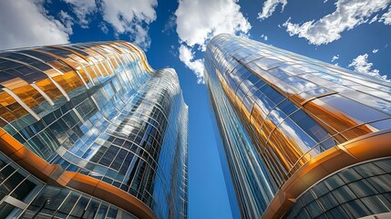Poster - Low-angle view of two modern skyscrapers reflecting sunlight and clouds on a bright day.