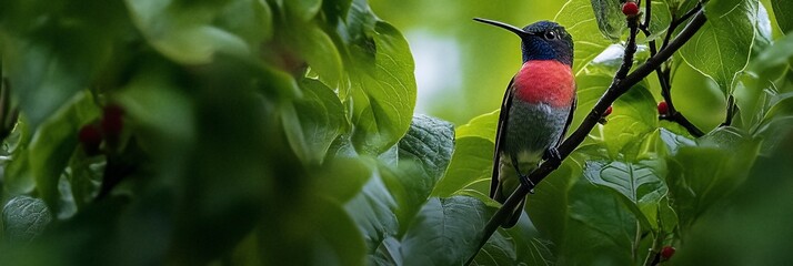 Poster - Vibrant hummingbird perched on a branch amidst lush green foliage.
