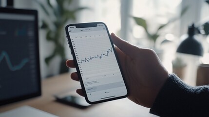 Aufkleber - Hand holding smartphone displaying stock market graph.