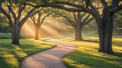 Poster - Sunbeams illuminate a winding path through a lush green park, creating a serene and peaceful atmosphere.