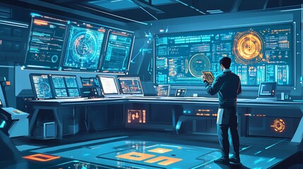 Fototapete - Futuristic control room with a man monitoring multiple screens displaying data and graphs.