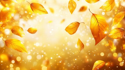 Poster - Golden autumn leaves falling on a bright, bokeh background.
