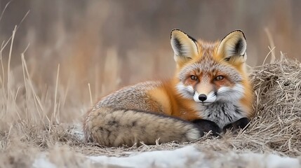 Aufkleber - Red fox resting in snowy grass, winter scene.