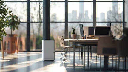 Aufkleber - Modern office air purifier near large window with city view.
