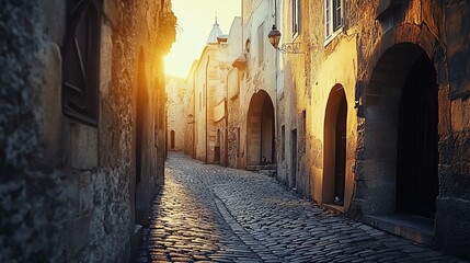 Poster - Sunlit cobblestone street in old town with historic buildings.